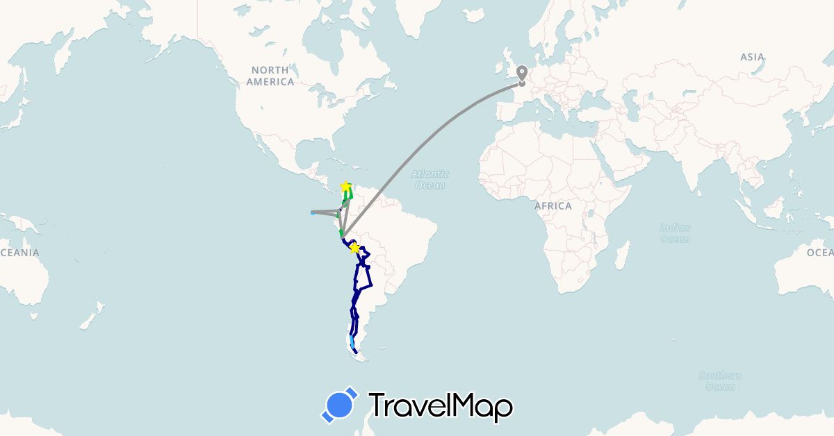 TravelMap itinerary: driving, bus, plane, train, hiking, boat in Argentina, Bolivia, Chile, Colombia, Ecuador, France, Peru (Europe, South America)