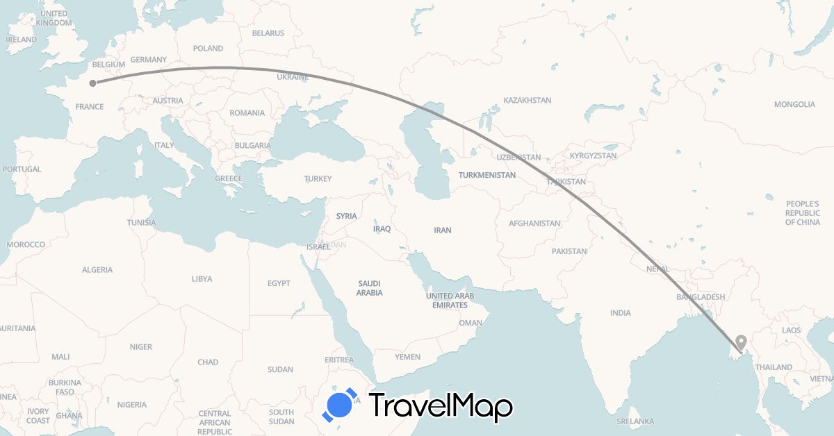 TravelMap itinerary: driving, plane in France, Myanmar (Burma) (Asia, Europe)